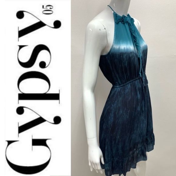 New Revolve Gypsy 05 Sexy Boho chic Blue Tie Dye ombré Halter Mini Party Dress - Picture 4 of 12
